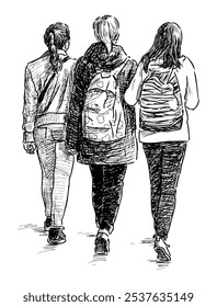 Sketch of three teen students girls walking outdoors, vector realistic hand drawing, back view