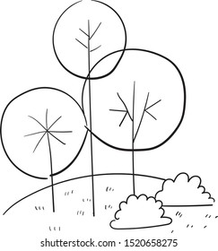 sketch of three trees and bushes on a hill in lines