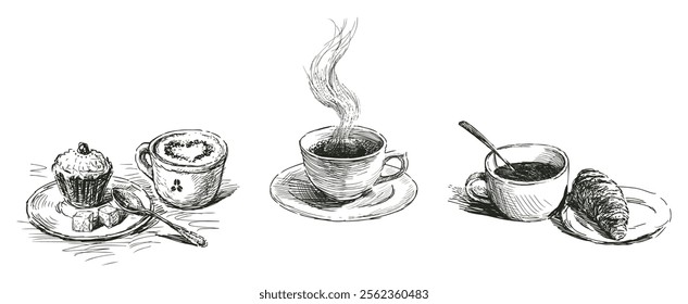 Sketch of three vrious coffee cups with foam in heart shape, cupcake, croissant, vector hand drawn illustration isolated on white