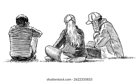 Sketch of three young people sitting outdoors on lawn grass for resting and talking, vector doodle realistic hand drawing isolated on white