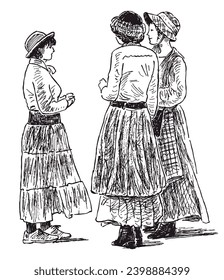 Sketch of three young women in retro country costumes from late 19th century standing and talking