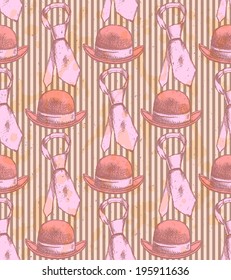 Sketch tie and hat, vector vintage seamless pattern