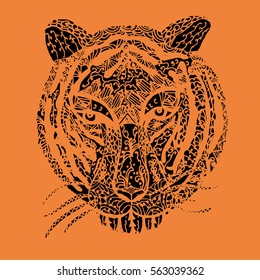 Sketch tiger with pattern on a orange  background