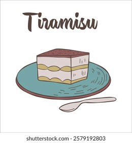 Sketch of tiramisu on white background. Italian food. Dishes of Italian cuisine in doodle style.