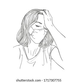 Sketch of tired young woman in medical face mask and has headache, Vector hand drawn illustration