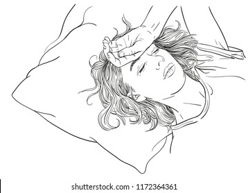 Sketch Of Tired Young Woman Sleeping In Bed, Hand Drawn Vector Linear Illustration