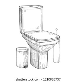 Sketch of toilet bowl and other toiletries isolated on white background. Vector