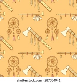 Sketch tomahawk, dream catcher and pipe in vintage style, vector