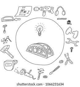 Sketch of tools for furniture construction on white background