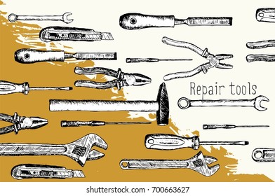Sketch tools for repair. Hand-painted hammer, electrical tape, nippers, pliers, screwdriver, awl, chisel, clerical knife. Vector illustration. Composition with instruments