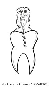 sketch of the tooth with defect and ugly creature on white background, isolated