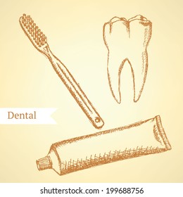 Sketch tooth paste, tooth brush and teeth, vector vintage background