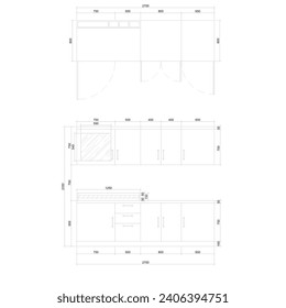 sketch of the top and front views of the kitchen set equipped with dimensions