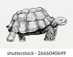 Sketch of a tortoise, detailed tortoise shell, tortoise legs, and tortoise head. Black and white animal illustration, Vintage animal illustration.