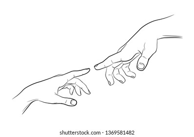 Sketch touching hands. Man and woman. Black and white.