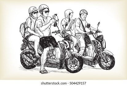 sketch of touring motorbike in city, look a map on mobile phone, couple on motorcycle, young riders riding themselves on trip, Adventure and vacations concept free hand draw illustration vector.