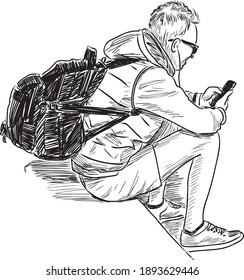Sketch of tourist with backpack sitting and looking at smartphone