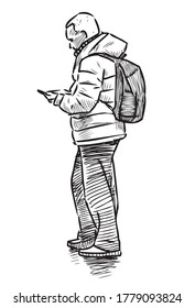 Sketch of tourist man with smartphone walking outdoors