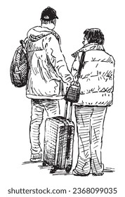 Sketch of tourists couple with suitcase standing outdoors in wait