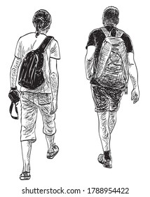 Sketch of tourists men going on a stroll