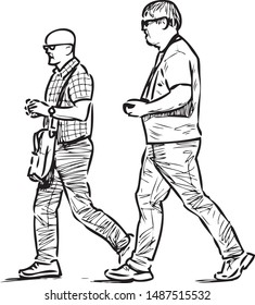 Sketch of tourists men striding down street on summer day