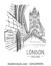 Sketch of Tower Bridge in London. Architecture sketch illustration. Hand drawn sketch of London city. Sketch in black color on white background. Freehand drawing. Hand drawn travel postcard.Vector