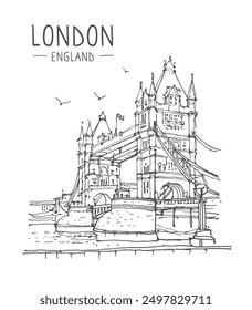 Sketch of Tower Bridge in London. Architecture sketch illustration. Hand drawn sketch of London city, UK. Sketch in black color on white background. Freehand drawing. Travel postcard. Vector