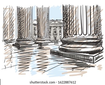 Sketch of Town Hall of Paris 5th arrondissement seen from Pantheon colonnade, Hand drawn vector illustration