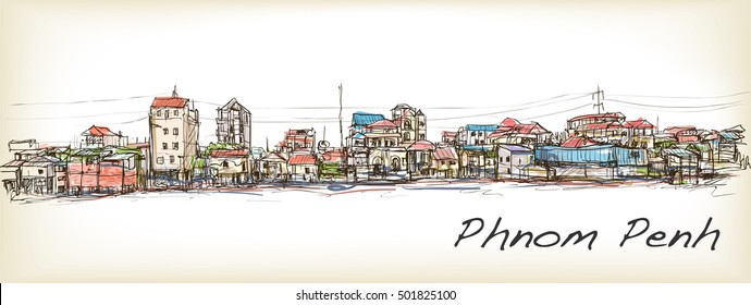 sketch of townscape in Phnom Penh slum, free hand draw illustration vector