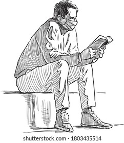 Sketch of townsman in mask sitting and reading book outdoors