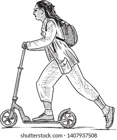 Sketch of a townswoman riding a scooter