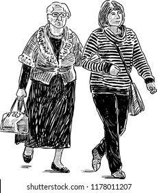 Sketch of a townswomen going on a stroll