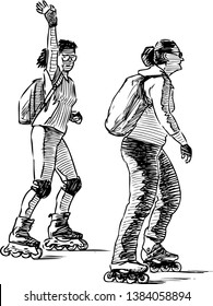 A sketch of townswomen riding the roller skates