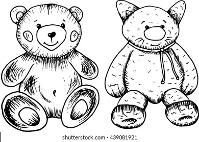 Sketch toy cat and bear, the stroke image, handmade graphics