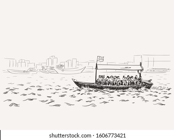 Sketch of traditional boat abra - local public transport on Dubai Greek. Hand drawn vector illustration