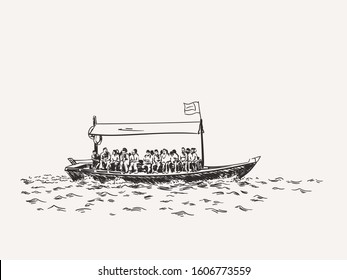 Sketch of traditional boat abra - local public transport on Dubai Greek. Hand drawn vector illustration isolated