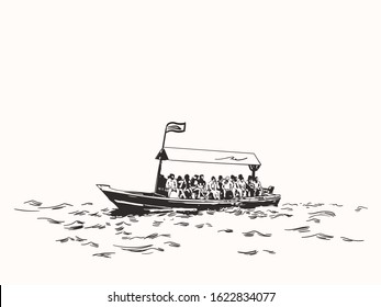 Sketch of traditional boat abra - local public transport on Dubai Greek. Hand drawn vector illustration isolated