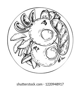 Sketch Traditional breakfast. top view illustration. English, american breakfast with fried eggs, sausage, potato, tomato and cucumber.