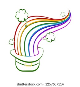 Sketch of a traditional irish hat with a rainbow and clovers. Vector illustration design