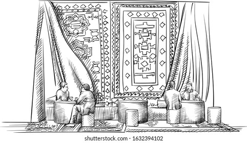 Sketch of traditional tea ceremony in Azerbaijan. Men are drinking tea sitting on couches. The scene is decorated with carpet background