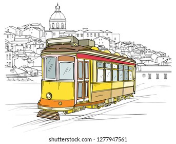 Sketch of traditional yellow portuguese tram and Lisbon cityscape at background. Vector illustration