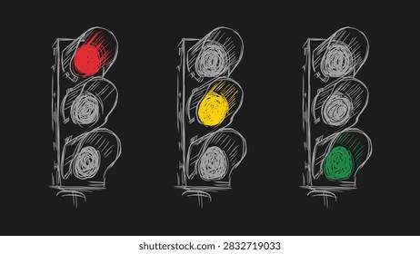 Sketch Traffic Light Set Showing Red Yellow And Green Signals Transportation.
