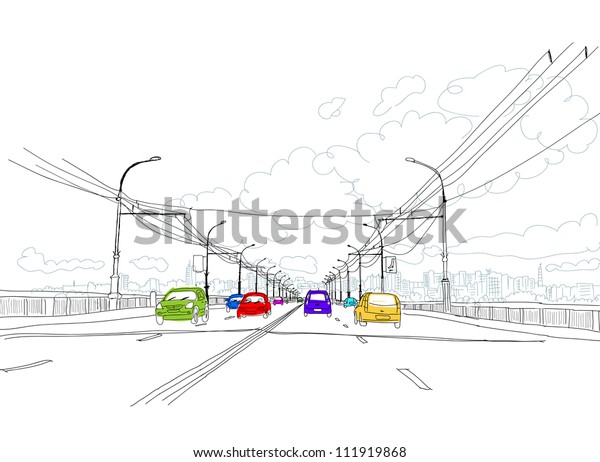 Sketch of traffic\
road in city for your\
design