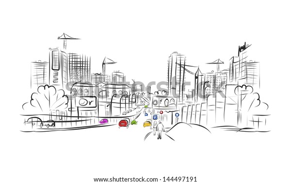 Sketch of traffic\
road in city for your\
design