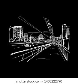 Sketch of traffic road in night city for your design