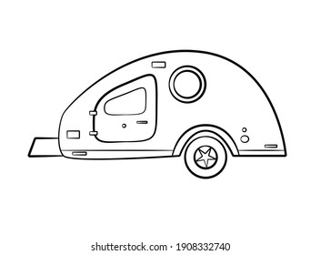 Sketch trailer for camping tourism, doodle set of transport for leisure and adventure. Vector illustration