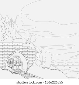 Sketch Train Matanya In Old Mountain Arch Tunnel On The Circum-Baikal Railway On Shore Baikal Lake. Contour Drawing For Coloring. Themes About Travel And Adventure In Siberia, Russia