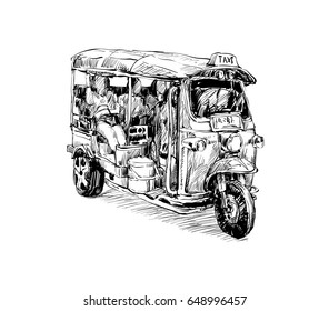 sketch of transportation city show traditional taxi motocycle Tuk-Tuk in Thailand, illustration  vector