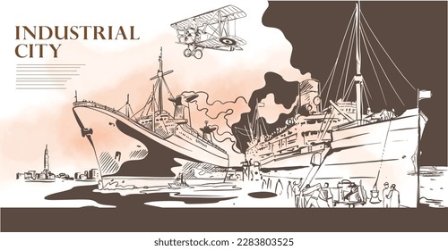 sketch transportation of ink drawing hand drawn for industrial city vintage. art print of hand drawn old landmarks architecture city. poster vintage of town and tourism famous