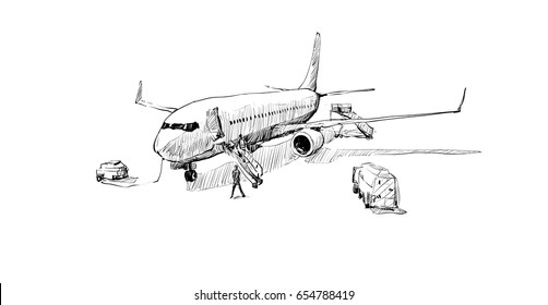 sketch of transportation showing passengers, airplane, parking at airport, illustration vector